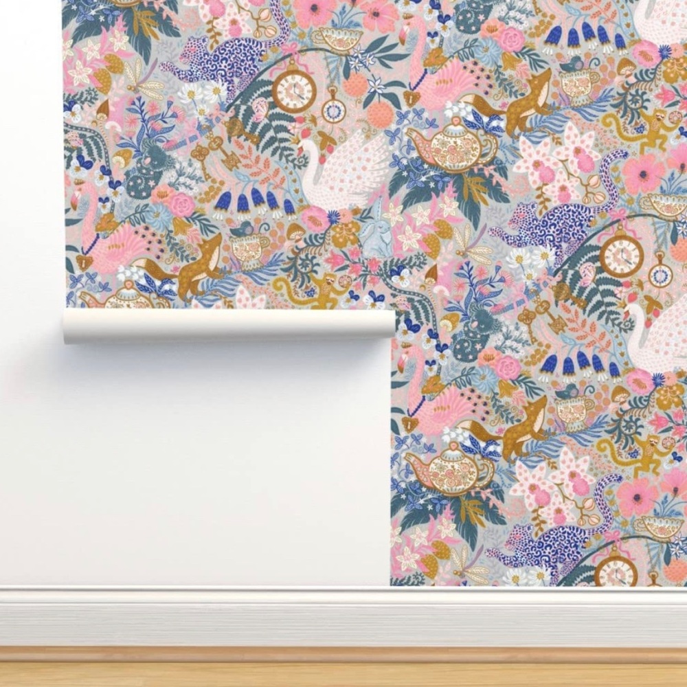 Spoonflower Removable Wallpaper - Tea Time Gray Pink Custom Pre-Pasted Wallpaper